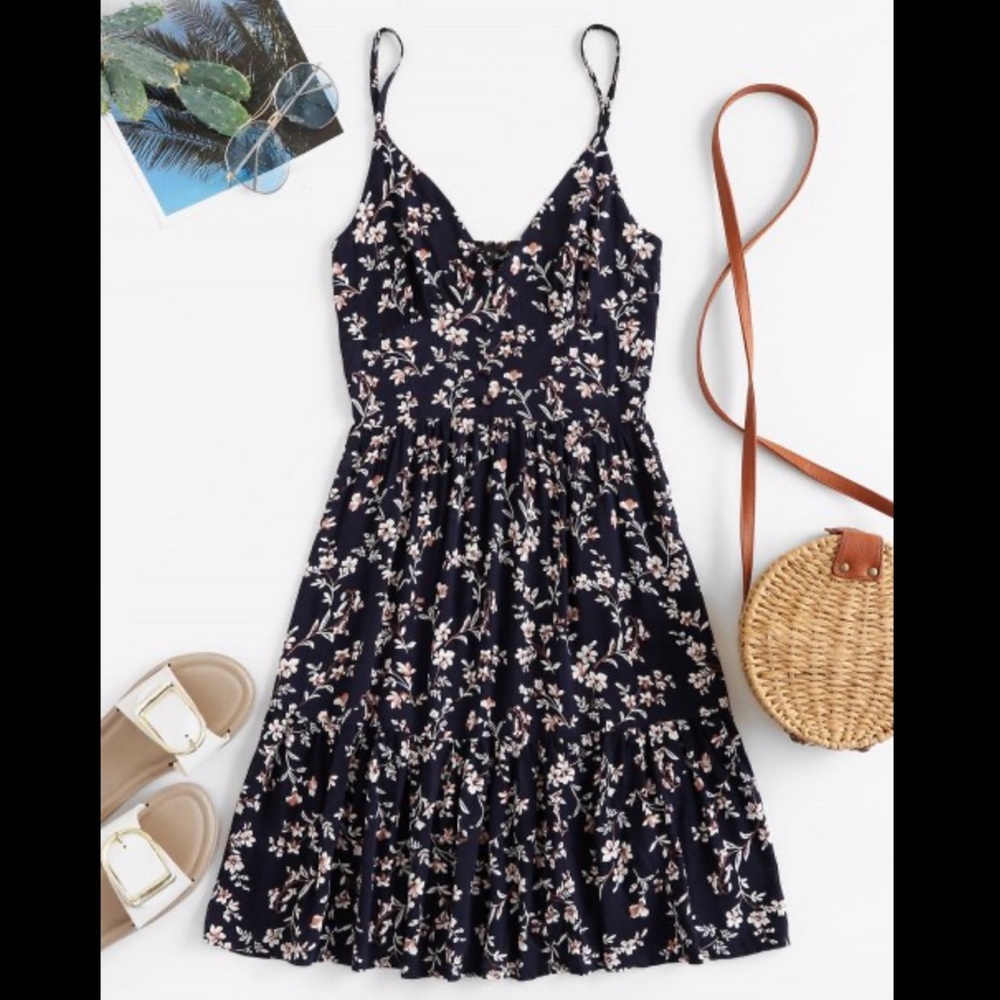 Buttons Floral Print A Line Cami Dress